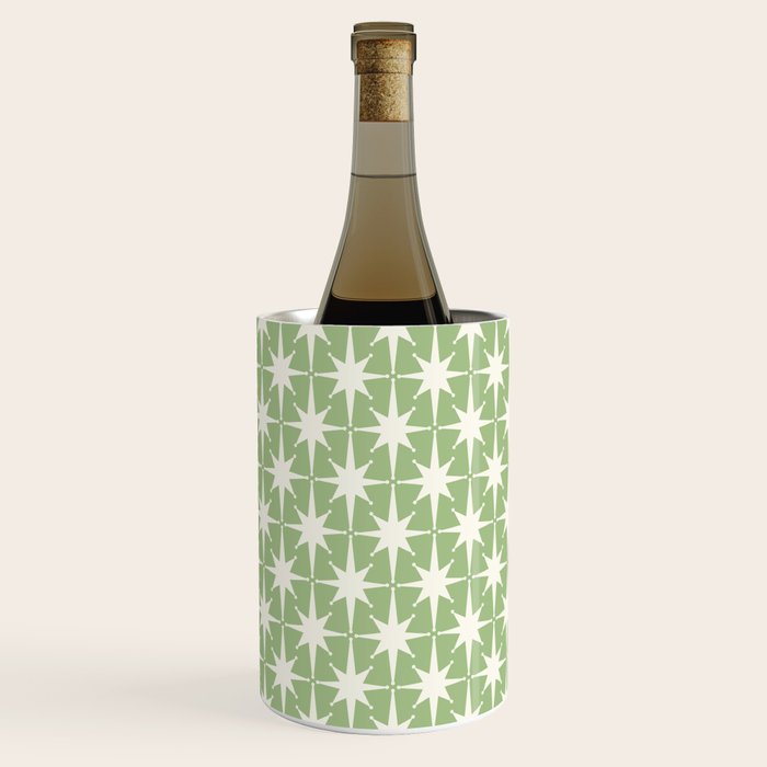 Mid Century Modern Atomic Stars Retro Starburst Pattern in Light Sage Green and Cream Wine Chiller Gallery Image 2