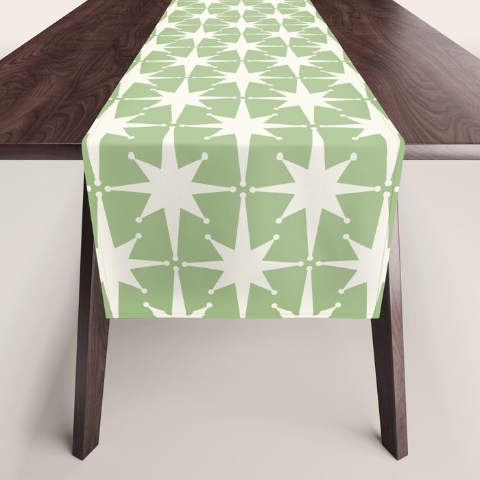 Mid Century Modern Atomic Stars Retro Starburst Pattern in Light Sage Green and Cream Table Runner Gallery Image 1