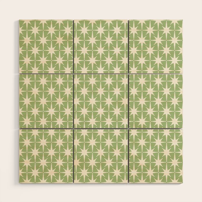 Mid Century Modern Atomic Stars Retro Starburst Pattern in Light Sage Green and Cream Wood Wall Art Gallery Image 1