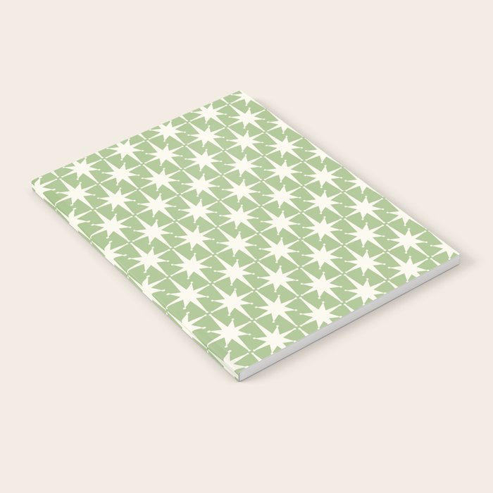 Mid Century Modern Atomic Stars Retro Starburst Pattern in Light Sage Green and Cream Notebook Gallery Image 2