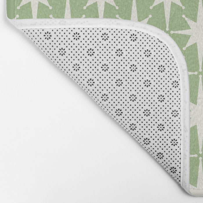 Mid Century Modern Atomic Stars Retro Starburst Pattern in Light Sage Green and Cream Bath Mat Gallery Image 2