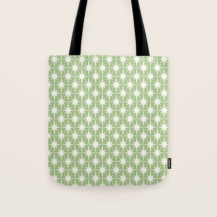 Mid Century Modern Atomic Stars Retro Starburst Pattern in Light Sage Green and Cream Tote Bag Gallery Image 1