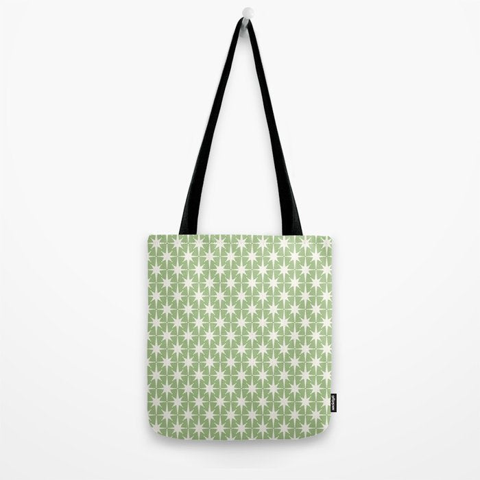 Mid Century Modern Atomic Stars Retro Starburst Pattern in Light Sage Green and Cream Tote Bag Gallery Image 2