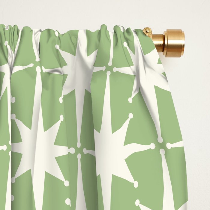 Mid Century Modern Atomic Stars Retro Starburst Pattern in Light Sage Green and Cream Window Curtain Gallery Image 2