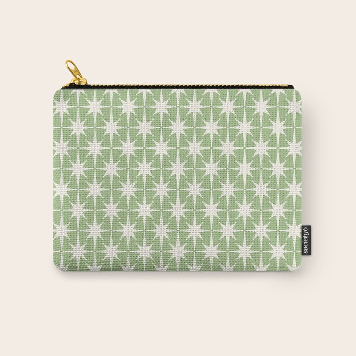 Mid Century Modern Atomic Stars Retro Starburst Pattern in Light Sage Green and Cream Carry All Pouch Gallery Image 1