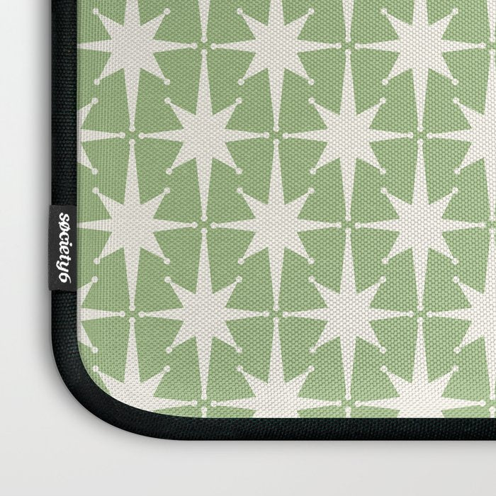 Mid Century Modern Atomic Stars Retro Starburst Pattern in Light Sage Green and Cream Laptop Sleeve Gallery Image 3