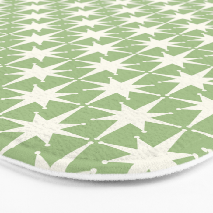 Mid Century Modern Atomic Stars Retro Starburst Pattern in Light Sage Green and Cream Bath Mat Gallery Image 3