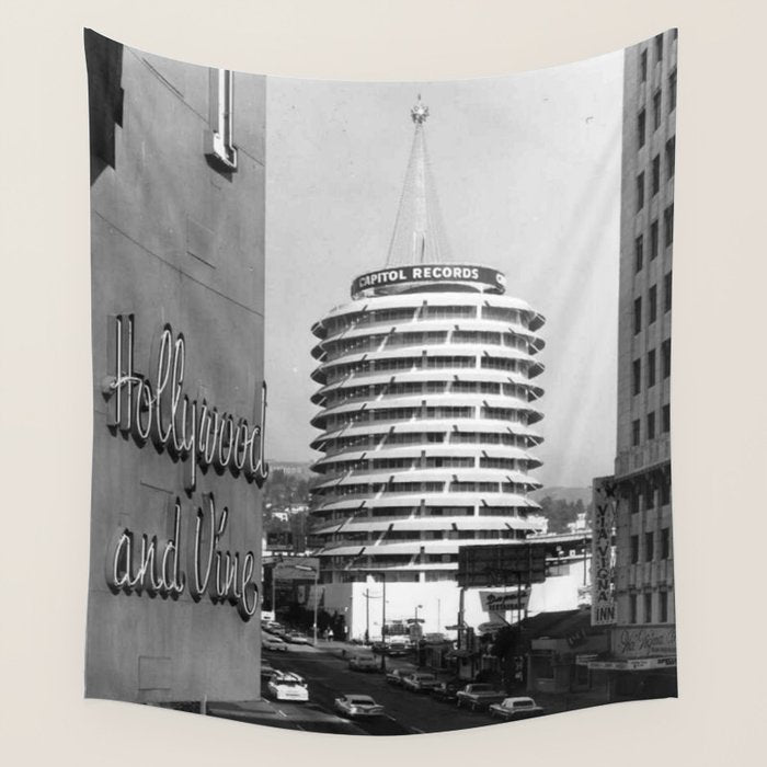 Capital Records Building, Los Angeles, California black and white photograph / black and white photography Wall Tapestry Gallery Image 4