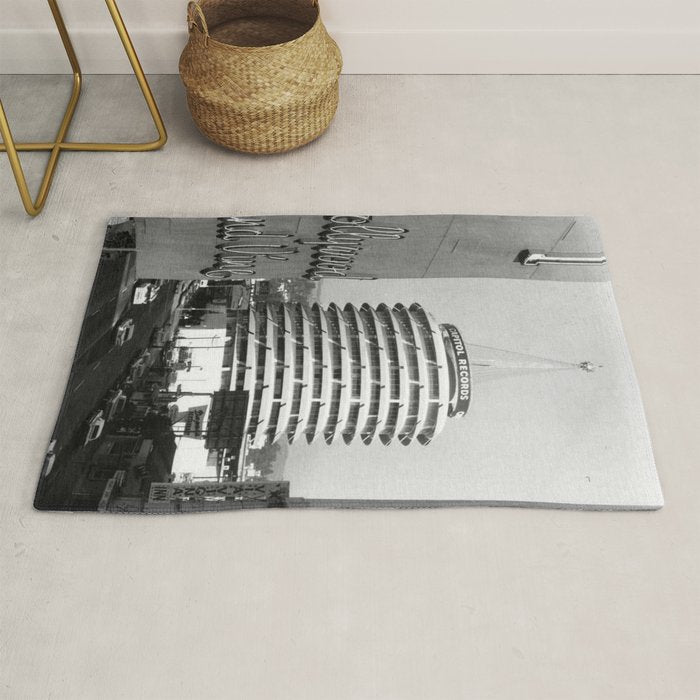 Capital Records Building, Los Angeles, California black and white photograph / black and white photography Rug Gallery Image 1