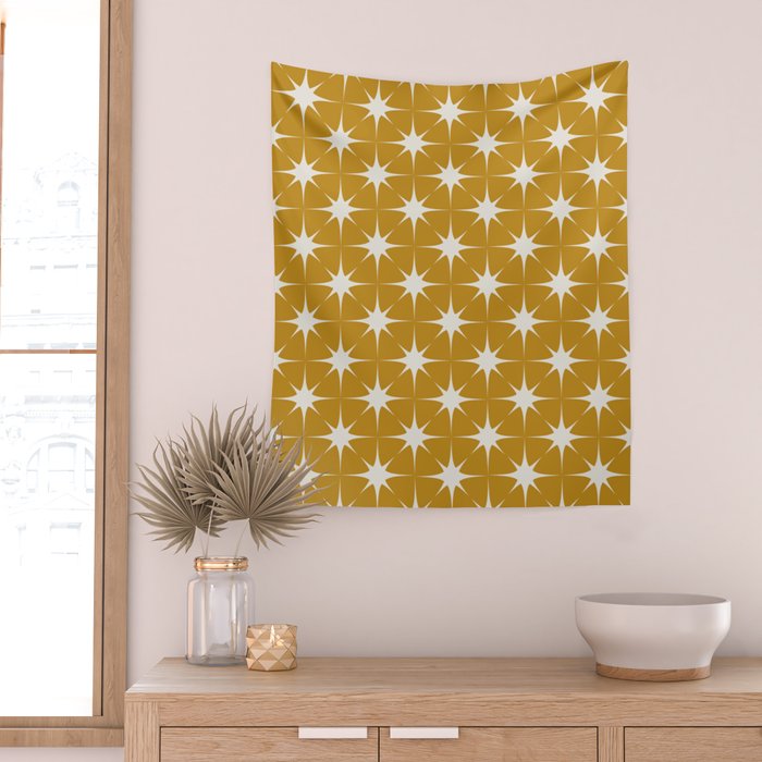 Mustard Yellow Midcentury Modern Atomic Starburst Wall Tapestry Gallery Image 2