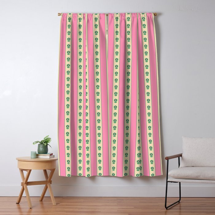 Cottage Stripes and Flowers Pattern in Pink and Green Window Curtain Gallery Image 1