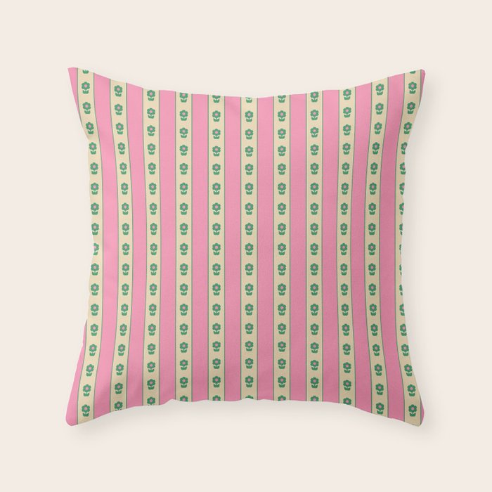 Cottage Stripes and Flowers Pattern in Pink and Green Throw Pillow Gallery Image 1