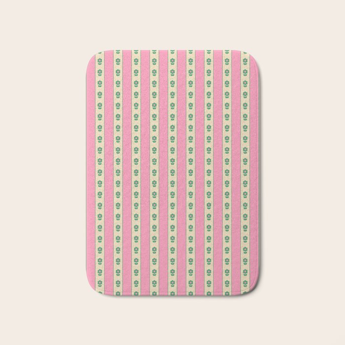 Cottage Stripes and Flowers Pattern in Pink and Green Bath Mat Gallery Image 1