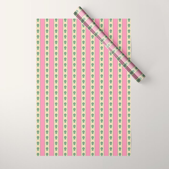 Cottage Stripes and Flowers Pattern in Pink and Green Wrapping Paper Gallery Image 1