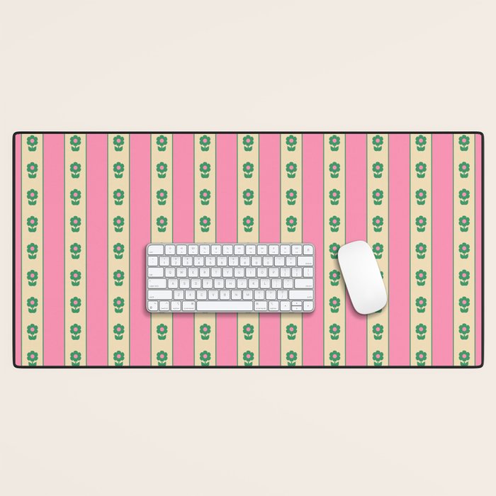 Cottage Stripes and Flowers Pattern in Pink and Green Desk Mat Gallery Image 1