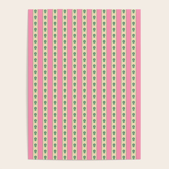Cottage Stripes and Flowers Pattern in Pink and Green Poster Gallery Image 1