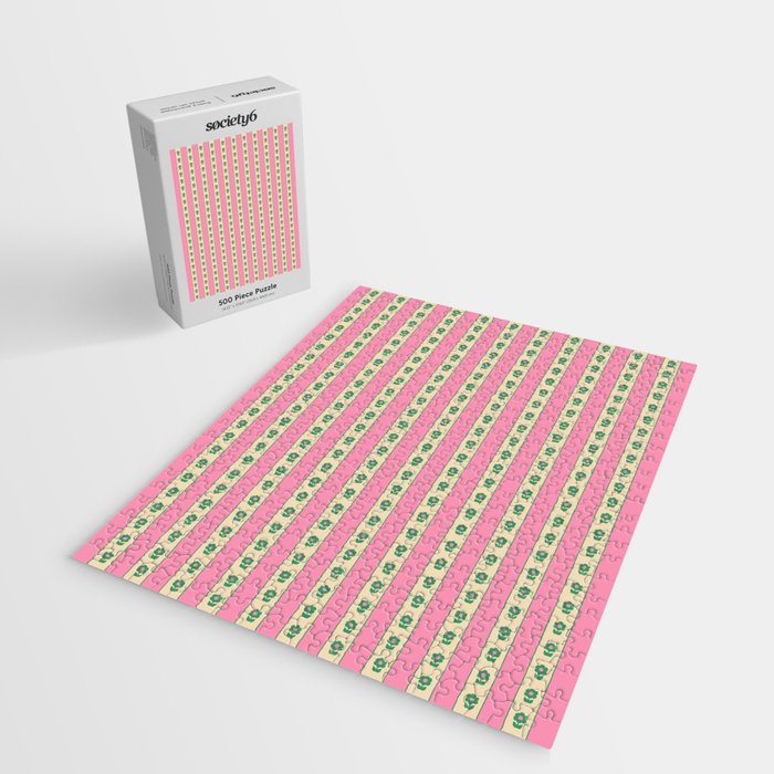 Cottage Stripes and Flowers Pattern in Pink and Green Jigsaw Puzzle Gallery Image 2