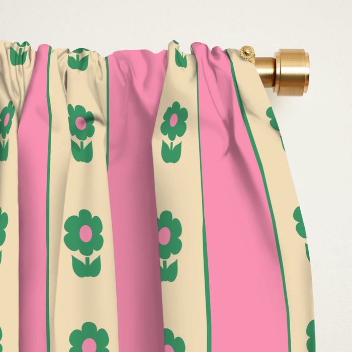 Cottage Stripes and Flowers Pattern in Pink and Green Window Curtain Gallery Image 2