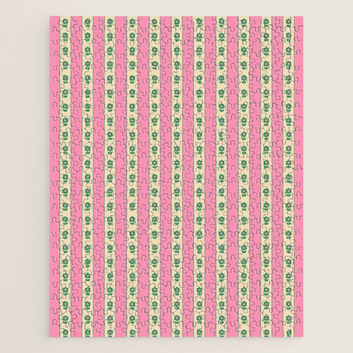 Cottage Stripes and Flowers Pattern in Pink and Green Jigsaw Puzzle Gallery Image 1