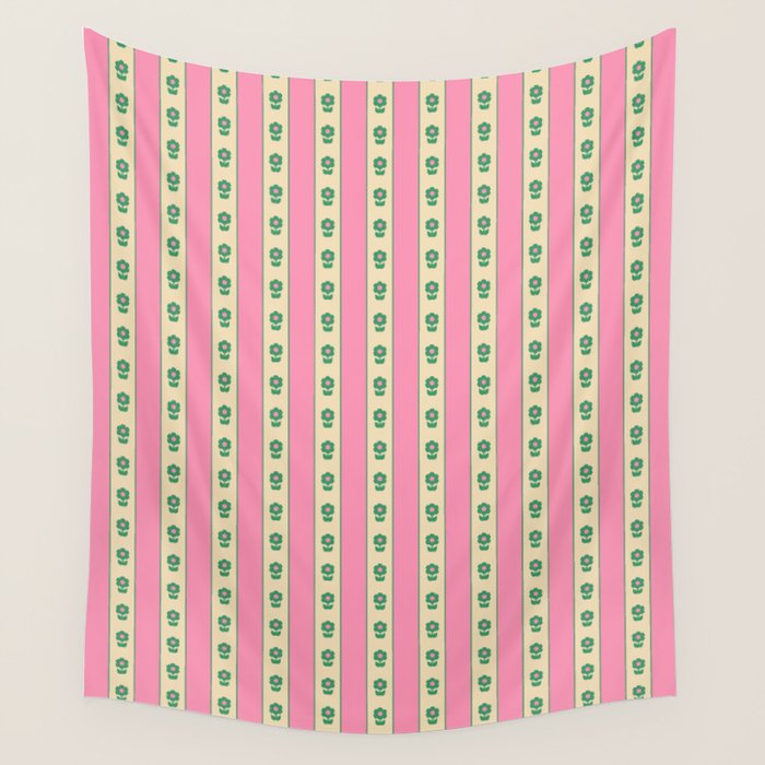 Cottage Stripes and Flowers Pattern in Pink and Green Wall Tapestry Gallery Image 1