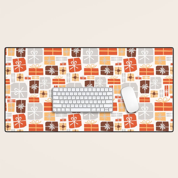 Christmas presents gray and orange pattern Desk Mat Gallery Image 1