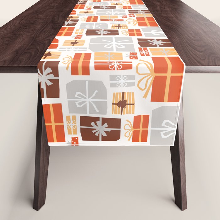 Christmas presents gray and orange pattern Table Runner Gallery Image 1