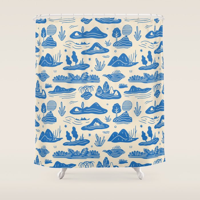 Abstract blue nature landscape doodle pattern Shower Curtain Gallery Image 1