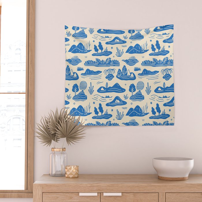 Abstract blue nature landscape doodle pattern Wall Tapestry Gallery Image 2