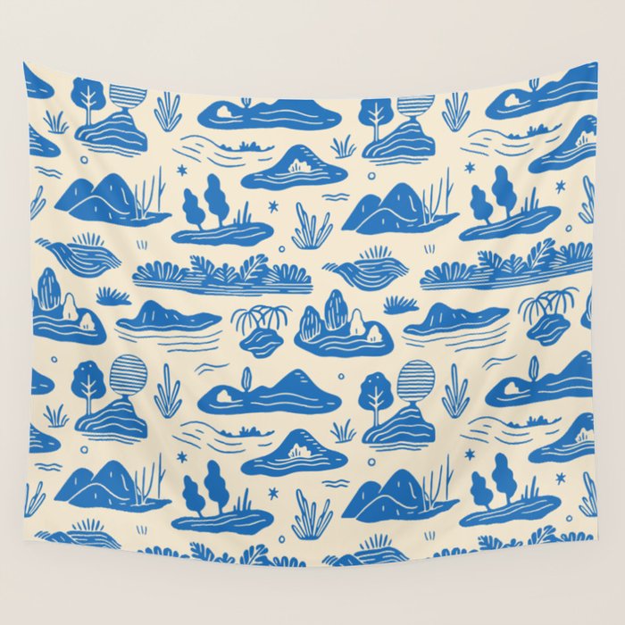 Abstract blue nature landscape doodle pattern Wall Tapestry Gallery Image 4