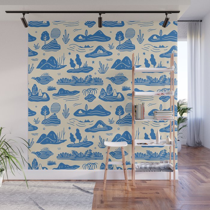 Abstract blue nature landscape doodle pattern Wall Mural Gallery Image 1