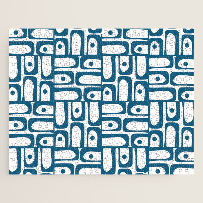 Mid Century Modern Piquet Abstract Multi Geometric Pattern in Blue and White Jigsaw Puzzle Gallery Image 1