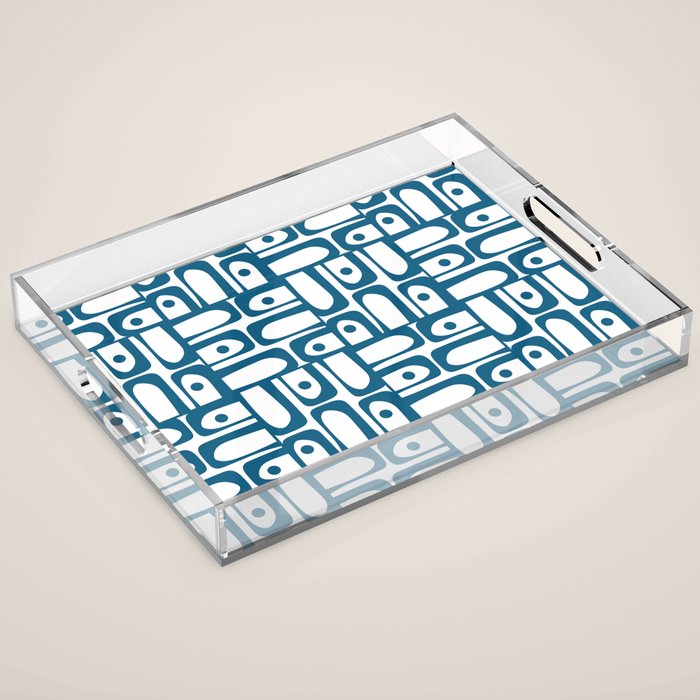 Mid Century Modern Piquet Abstract Multi Geometric Pattern in Blue and White Acrylic Tray Gallery Image 1