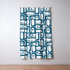 Mid Century Modern Piquet Abstract Multi Geometric Pattern in Blue and White Window Curtain Gallery Image 3
