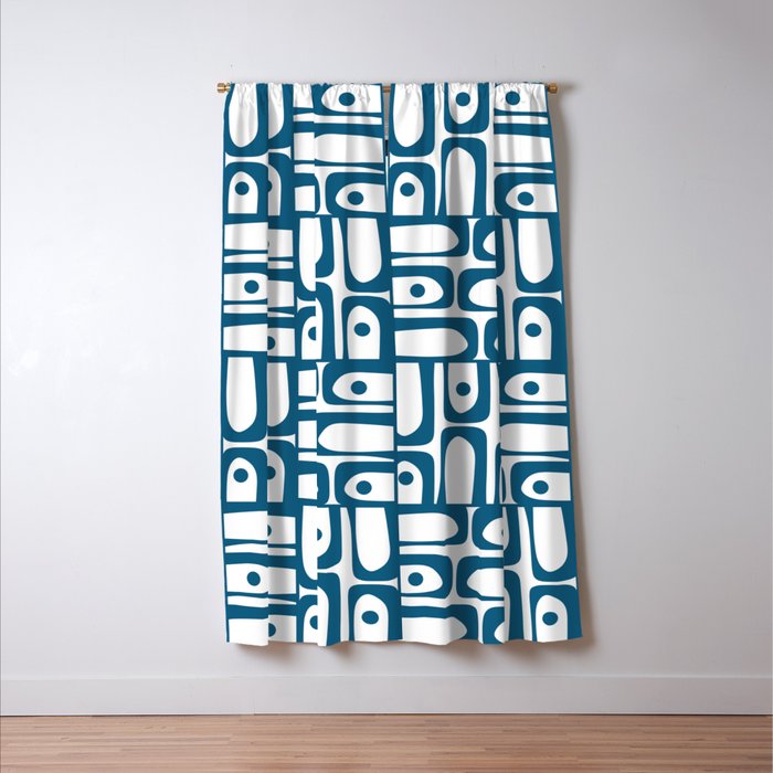 Mid Century Modern Piquet Abstract Multi Geometric Pattern in Blue and White Window Curtain Gallery Image 3
