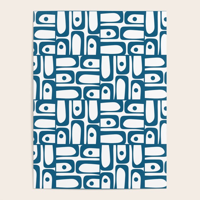 Mid Century Modern Piquet Abstract Multi Geometric Pattern in Blue and White Poster Gallery Image 4
