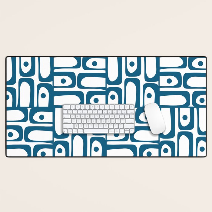 Mid Century Modern Piquet Abstract Multi Geometric Pattern in Blue and White Desk Mat Gallery Image 1