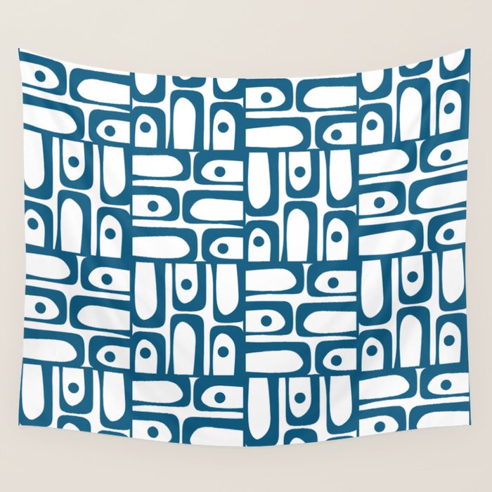 Mid Century Modern Piquet Abstract Multi Geometric Pattern in Blue and White Wall Tapestry Gallery Image 1