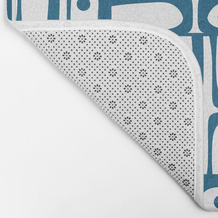 Mid Century Modern Piquet Abstract Multi Geometric Pattern in Blue and White Bath Mat Gallery Image 2