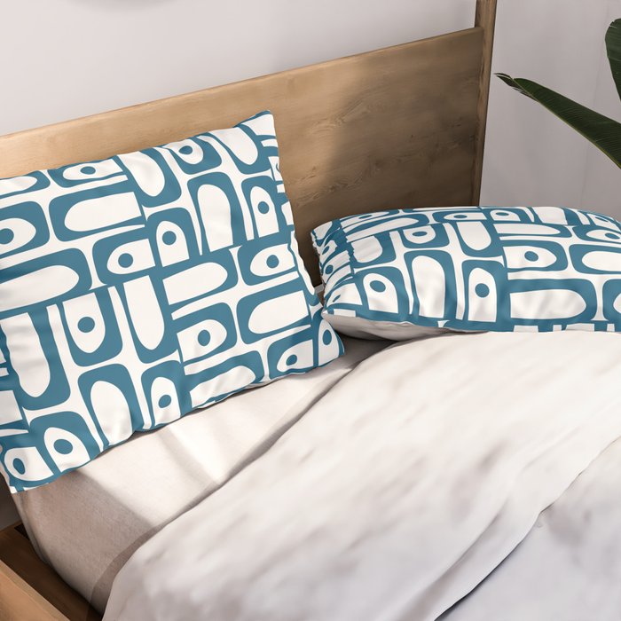 Mid Century Modern Piquet Abstract Multi Geometric Pattern in Blue and White Pillow Sham Gallery Image 2