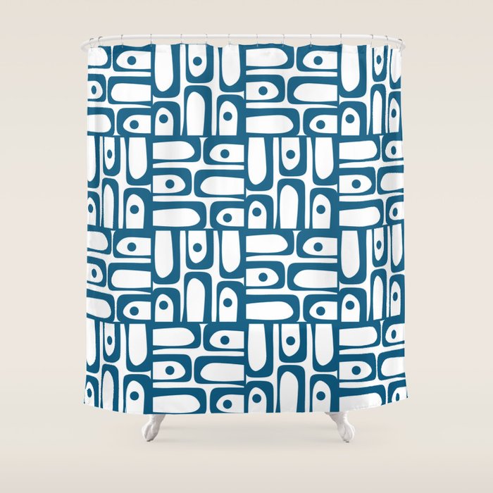 Mid Century Modern Piquet Abstract Multi Geometric Pattern in Blue and White Shower Curtain Gallery Image 1