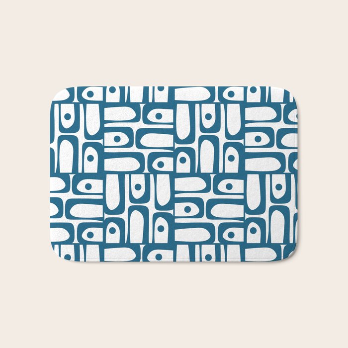 Mid Century Modern Piquet Abstract Multi Geometric Pattern in Blue and White Bath Mat Gallery Image 1