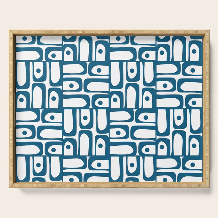 Mid Century Modern Piquet Abstract Multi Geometric Pattern in Blue and White Serving Tray Gallery Image 1