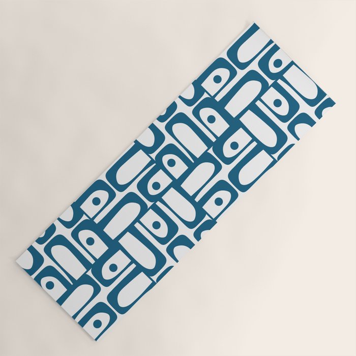 Mid Century Modern Piquet Abstract Multi Geometric Pattern in Blue and White Yoga Mat Gallery Image 1