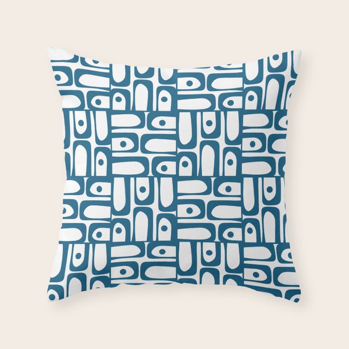 Mid Century Modern Piquet Abstract Multi Geometric Pattern in Blue and White Throw Pillow Gallery Image 6