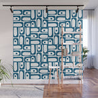 Mid Century Modern Piquet Abstract Multi Geometric Pattern in Blue and White Wall Mural Gallery Image 1