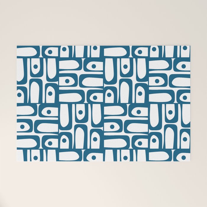 Mid Century Modern Piquet Abstract Multi Geometric Pattern in Blue and White Welcome Mat Gallery Image 1