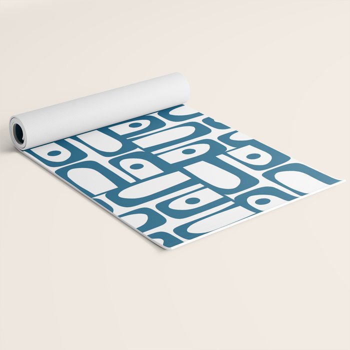 Mid Century Modern Piquet Abstract Multi Geometric Pattern in Blue and White Yoga Mat Gallery Image 2
