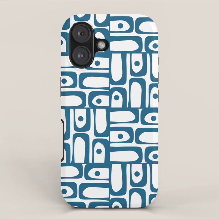 Mid Century Modern Piquet Abstract Multi Geometric Pattern in Blue and White iPhone Case Gallery Image 1