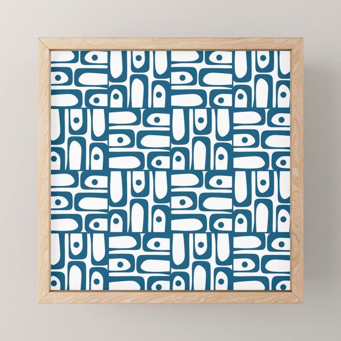 Mid Century Modern Piquet Abstract Multi Geometric Pattern in Blue and White Mini Art Print Gallery Image 1