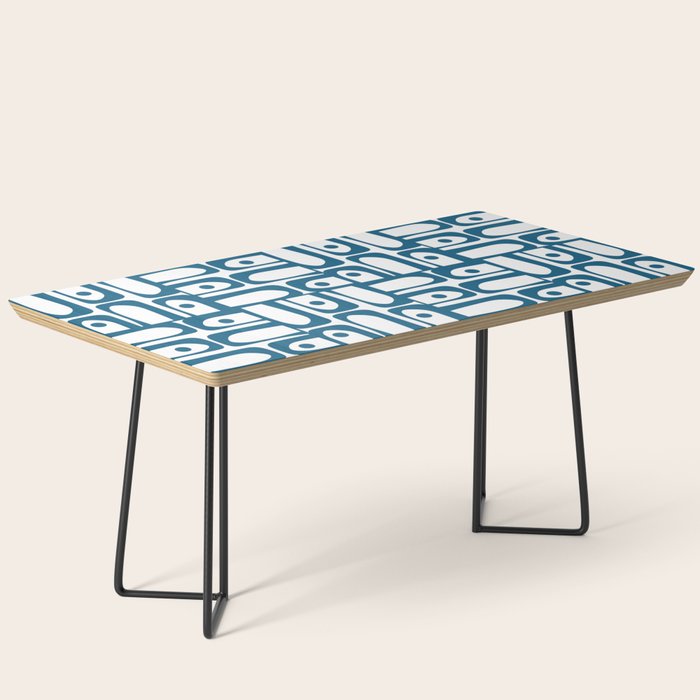 Mid Century Modern Piquet Abstract Multi Geometric Pattern in Blue and White Coffee Table Gallery Image 1